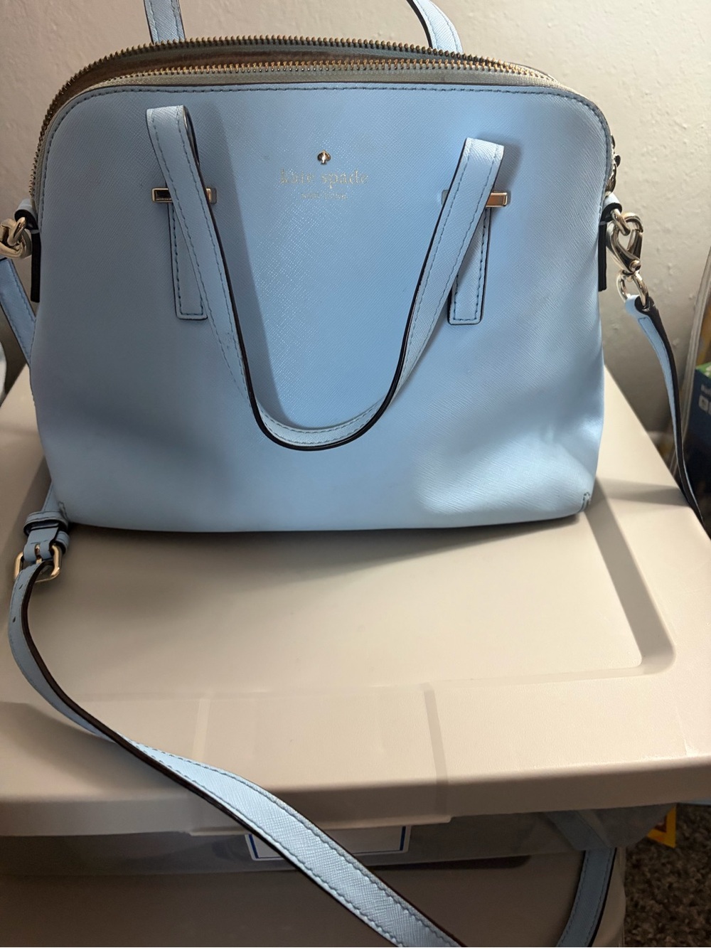 kate spade light blue Saffiano satchel with crossbody strap